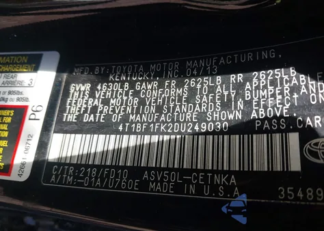 2013 Toyota Camry Le from USA, damaged, VIN 4T1BF1FK2DU249030